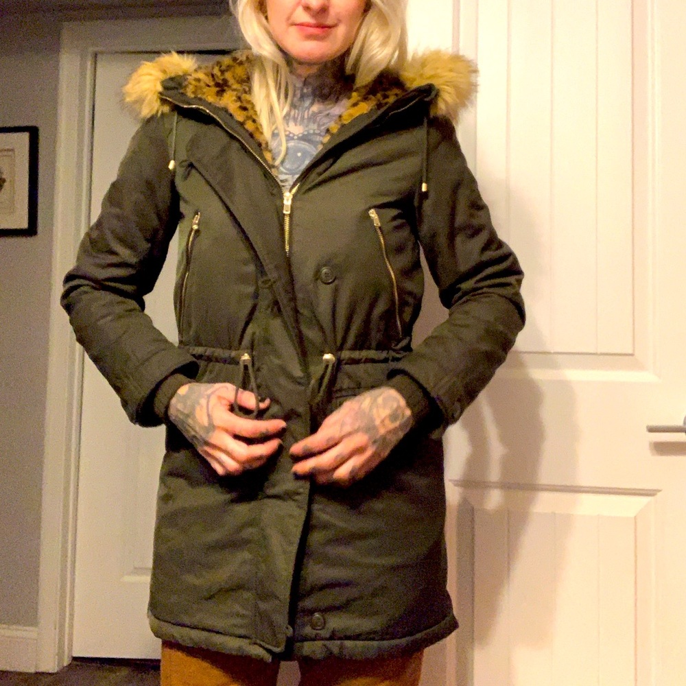 Warm Green Cheetah Fur-Trimmed Parka Coat Zara Trafaluc XS Animal Print
